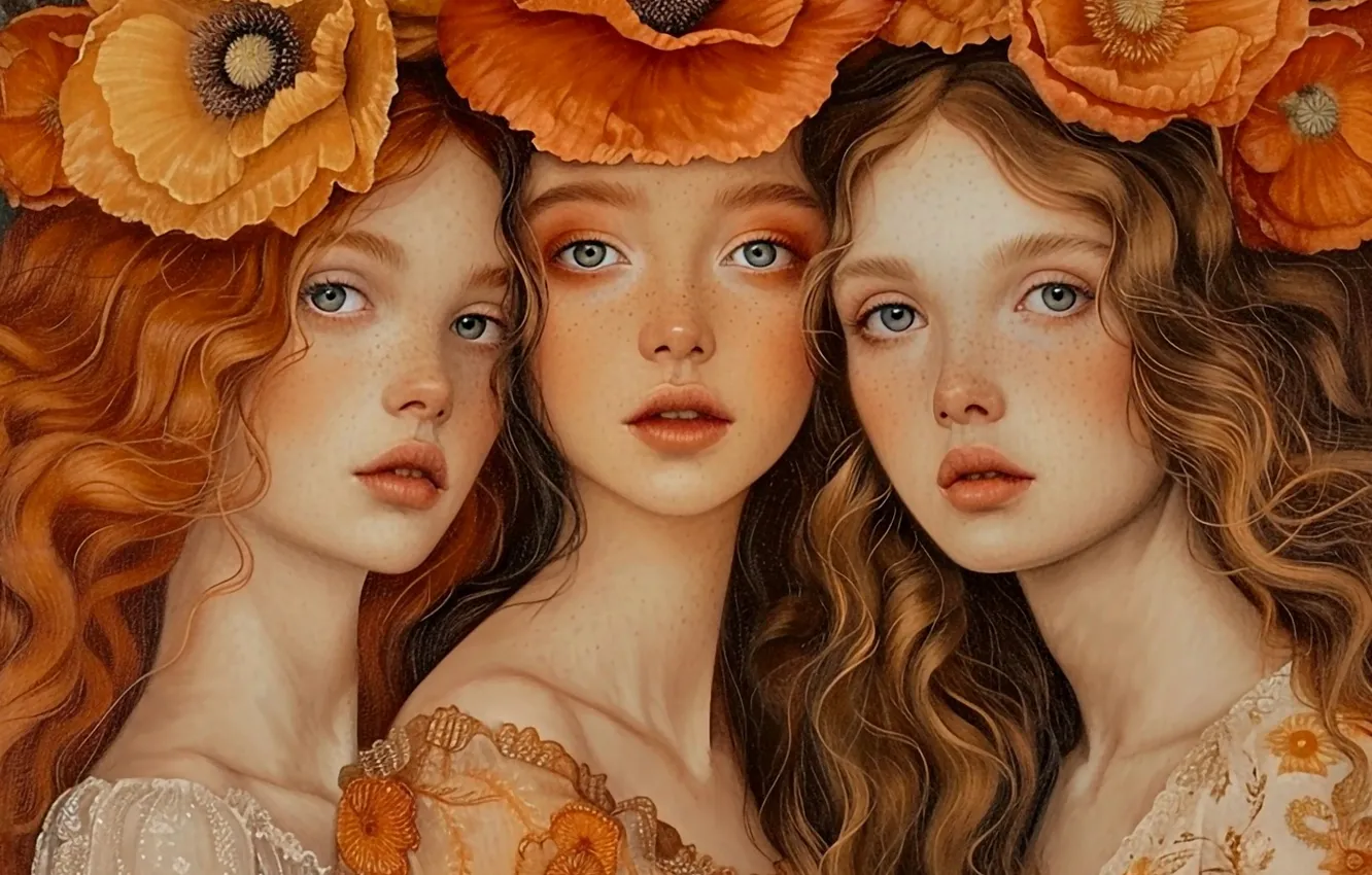 Photo wallpaper look, girl, flowers, style, Maki, portrait, freckles, brown hair