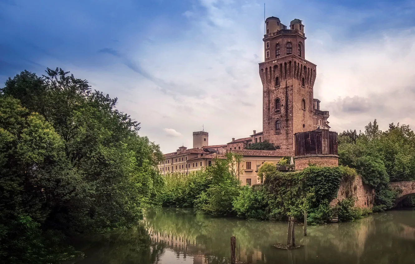 Photo wallpaper the sky, clouds, trees, river, the building, tower, Italy, Astronomical Observatory Padova