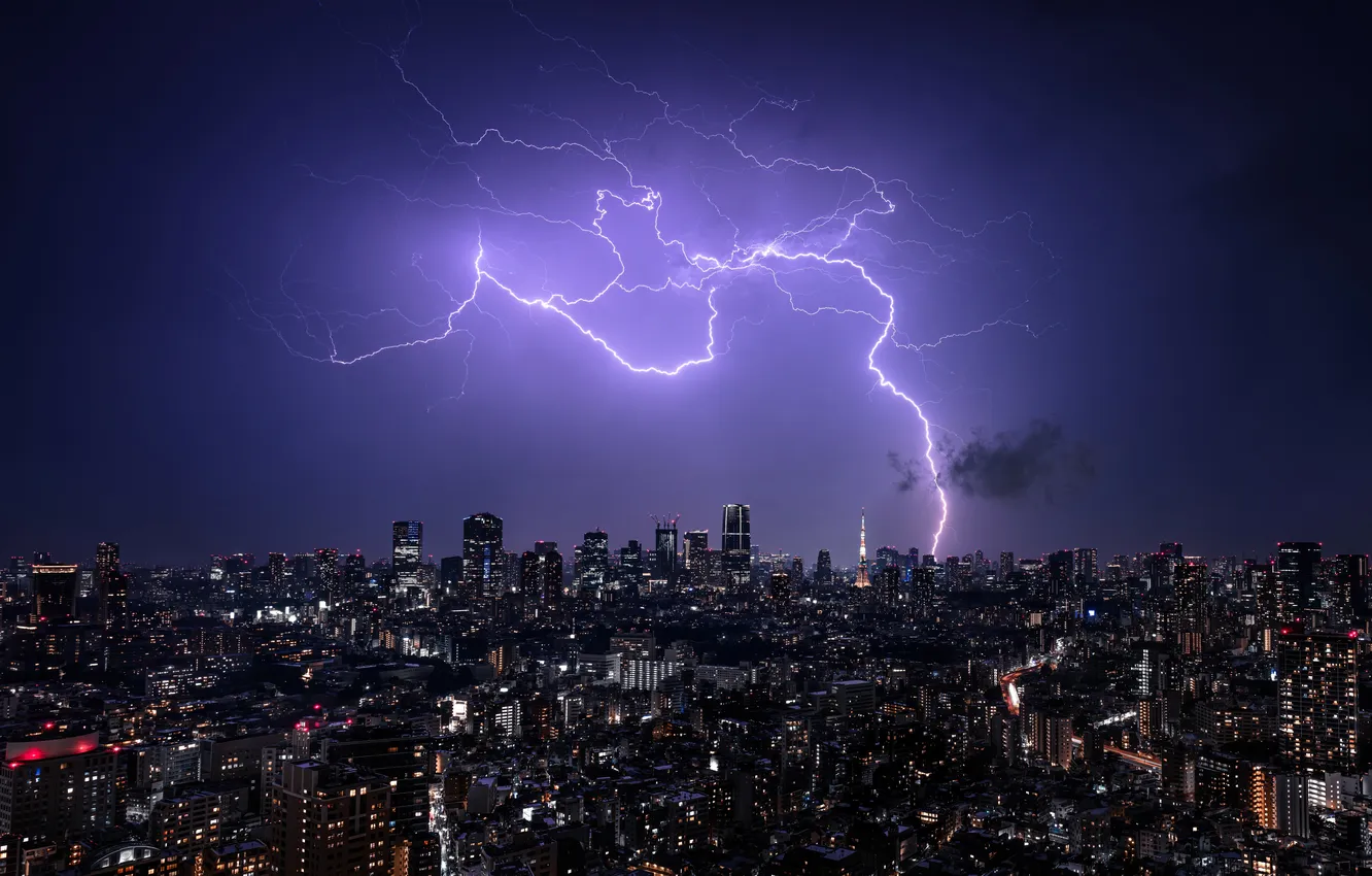 Photo wallpaper the sky, night, lights, lightning, panorama, Tokyo, Japan