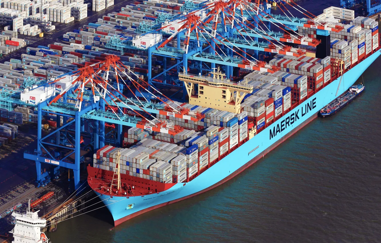 Photo wallpaper Port, Top, The ship, Line, Cargo, A container ship, Cranes, Terminal