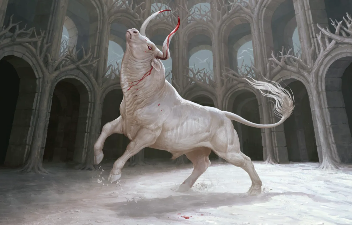 Photo wallpaper art, arena, bull, moonlight, Maria Zolotukhin To