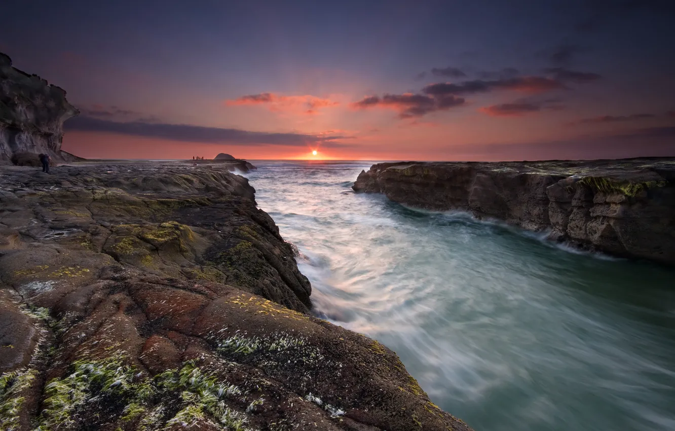 Photo wallpaper the sky, sunset, river, stones, New Zealand