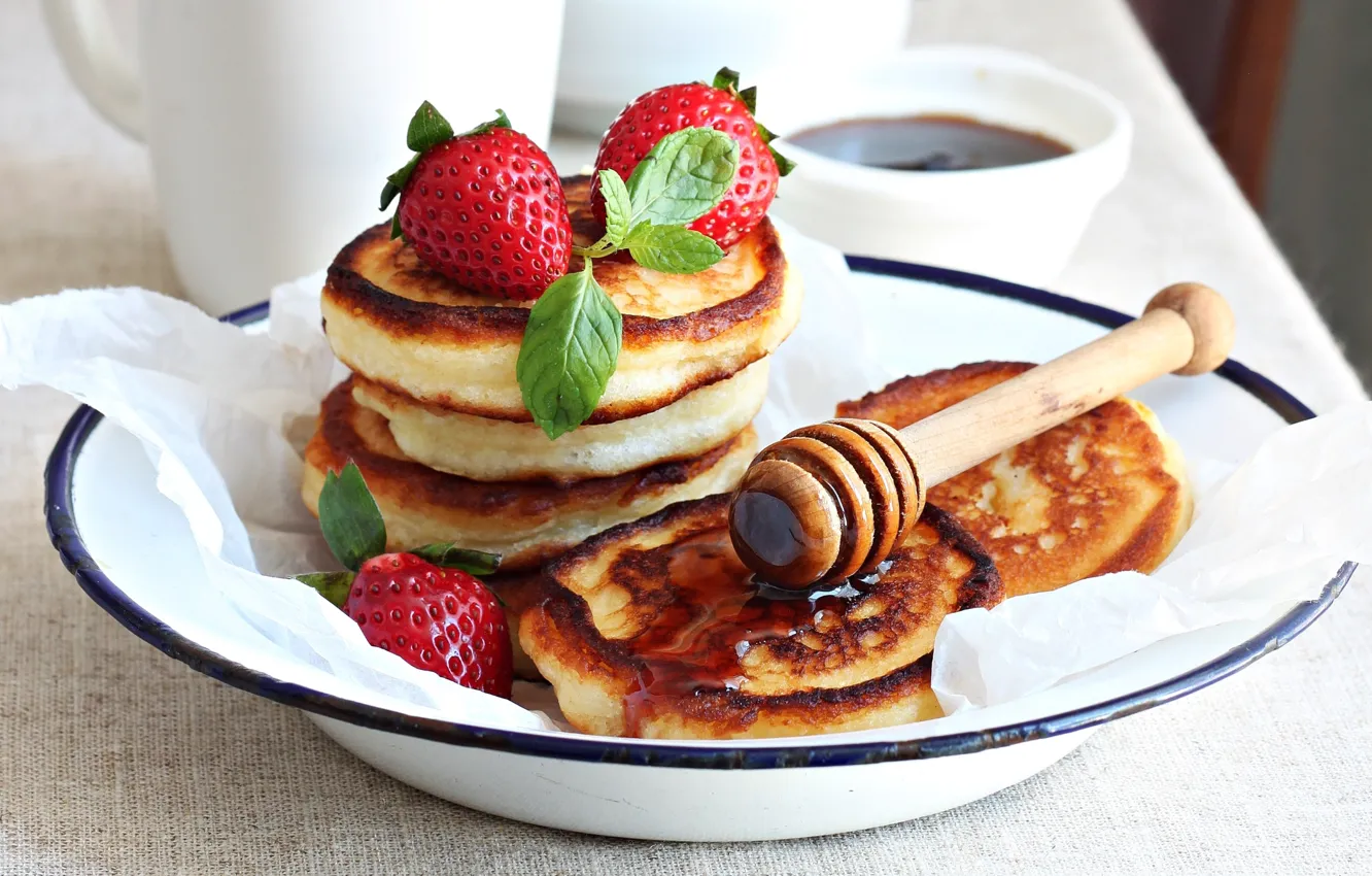 Photo wallpaper strawberry, honey, pancakes