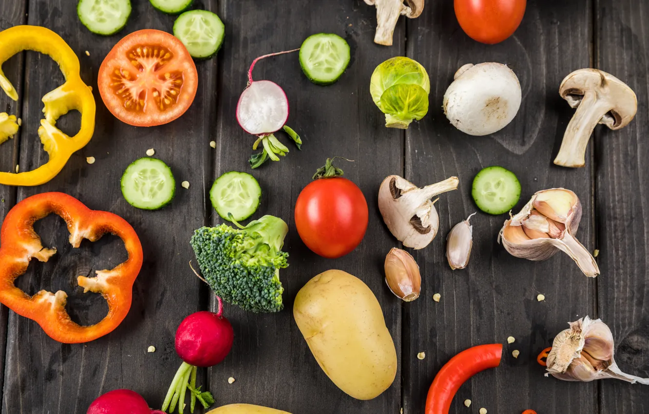 Photo wallpaper mushrooms, vegetables, tomatoes, broccoli, potatoes