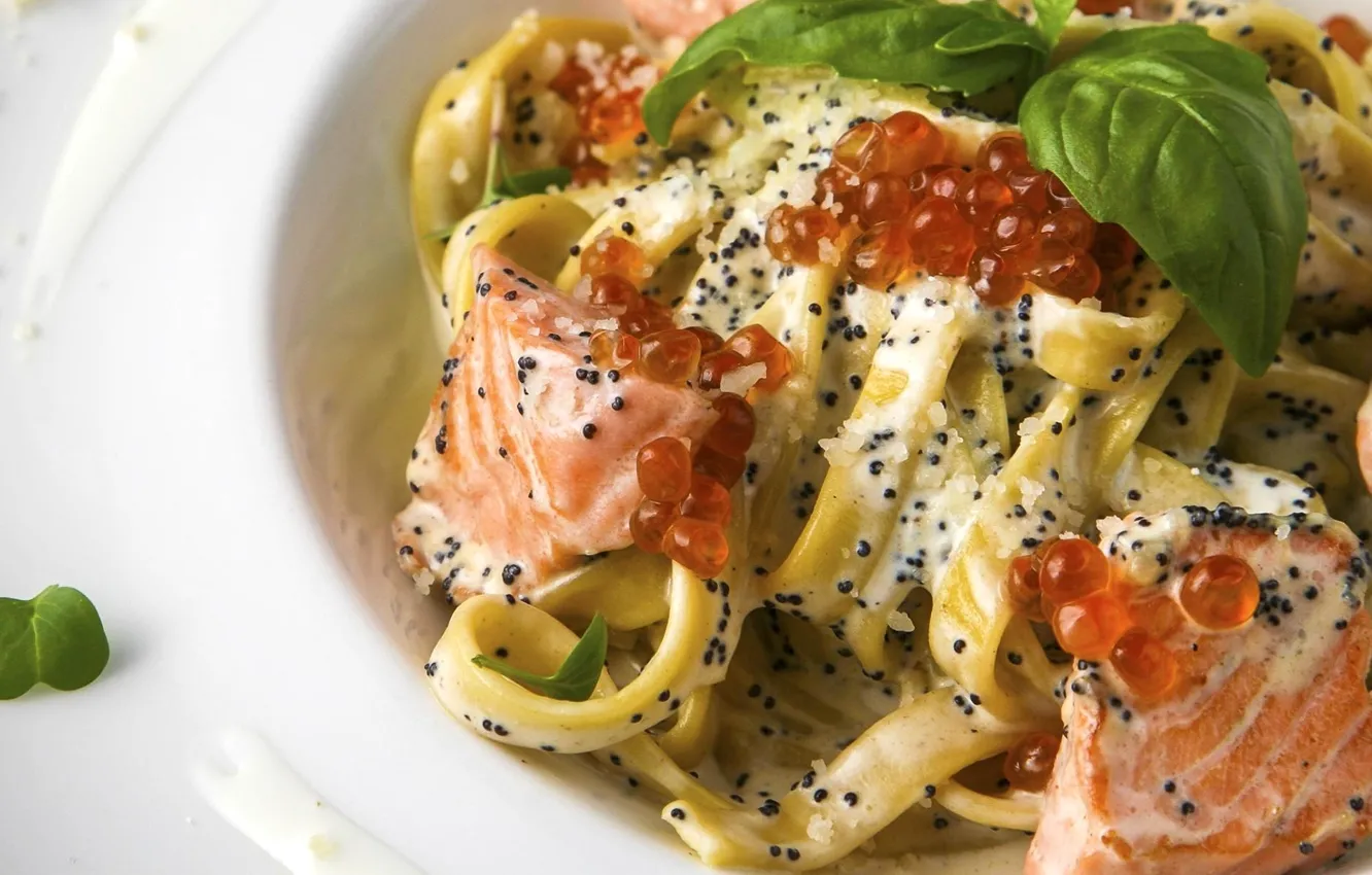 Photo wallpaper sauce, caviar, salmon, pasta