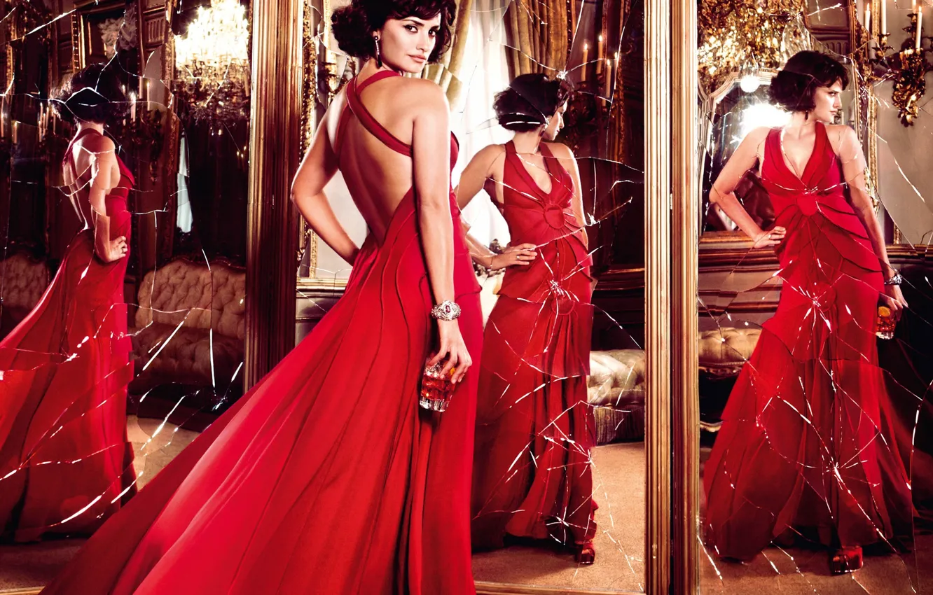 Photo wallpaper red, glass, reflection, candles, advertising, dress, actress, mirror