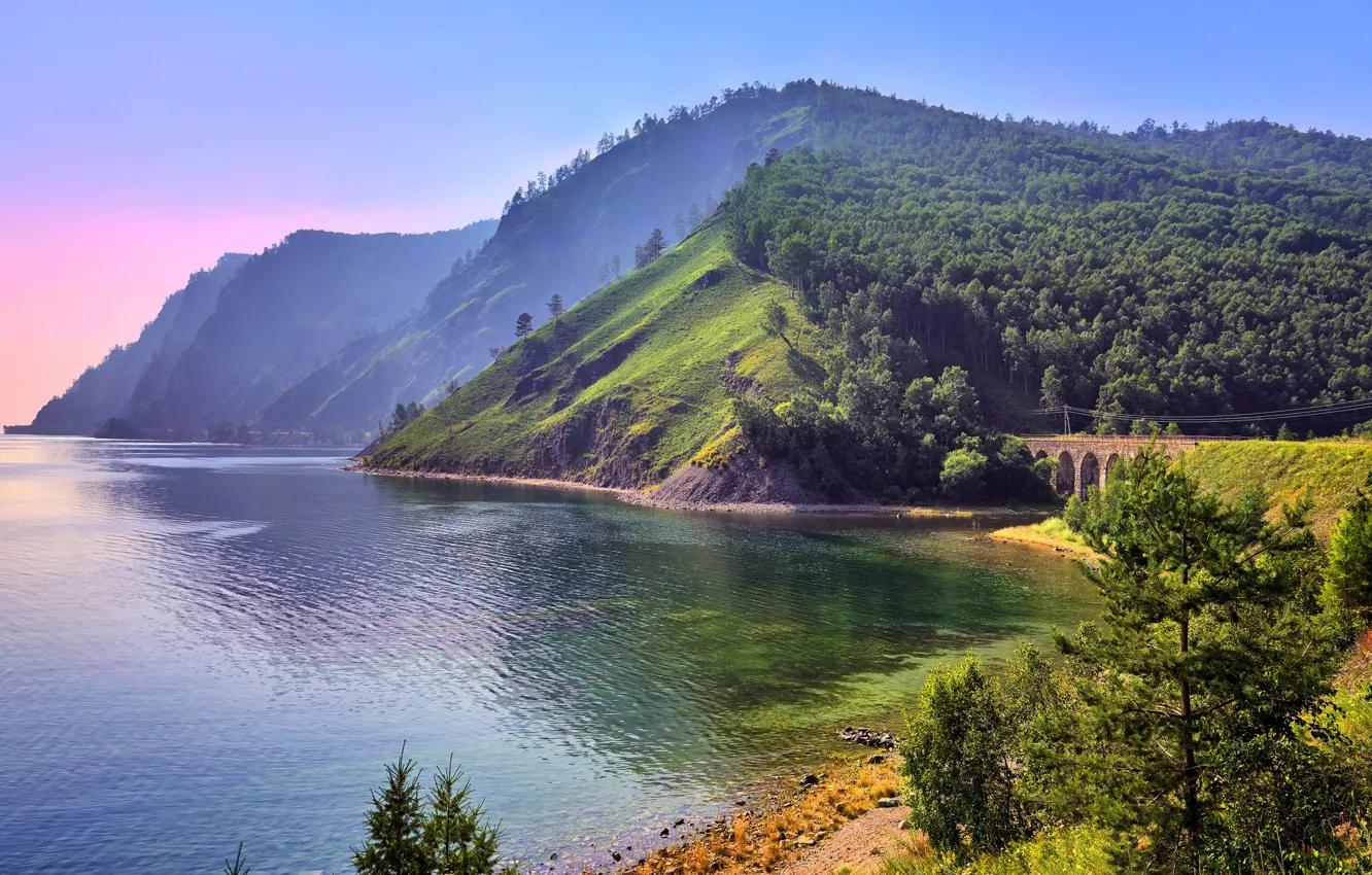 Photo wallpaper road, greens, trees, mountains, bridge, nature, lake, vegetation