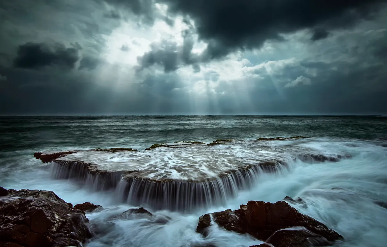 Photo wallpaper sea, wave, the sky, water, rays, light, clouds, nature