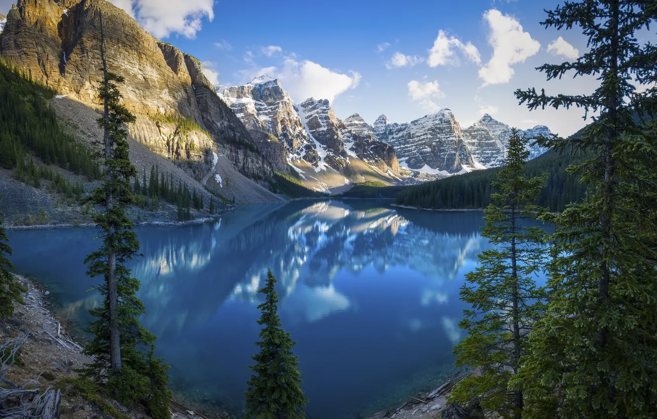 Photo wallpaper forest, the sky, clouds, trees, landscape, mountains, nature, lake