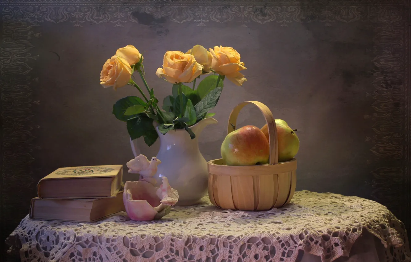 Photo wallpaper apples, books, roses, still life