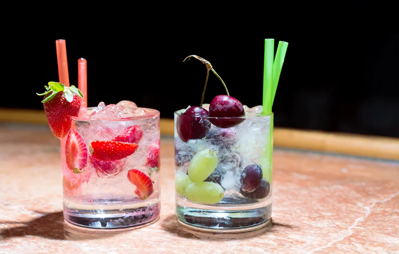 Photo wallpaper cherry, glass, berries, strawberry, grapes, cocktail, drink, tube