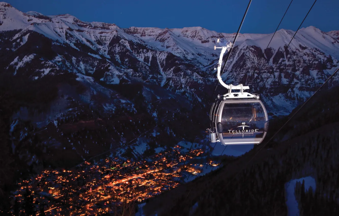 Photo wallpaper mountains, the city, lights, the evening, the funicular, Gondola, SnowBound, Telluride Ski Resort