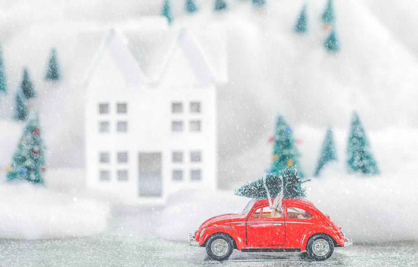Photo wallpaper winter, snow, toy, tree, Volkswagen, Christmas, New year, tree