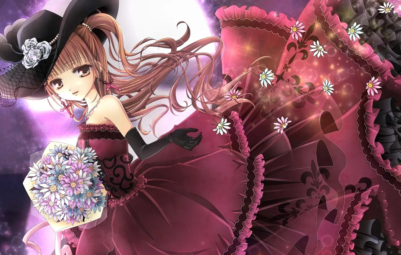 Photo wallpaper girl, flowers, the moon, chamomile, bouquet, hat, dress, art