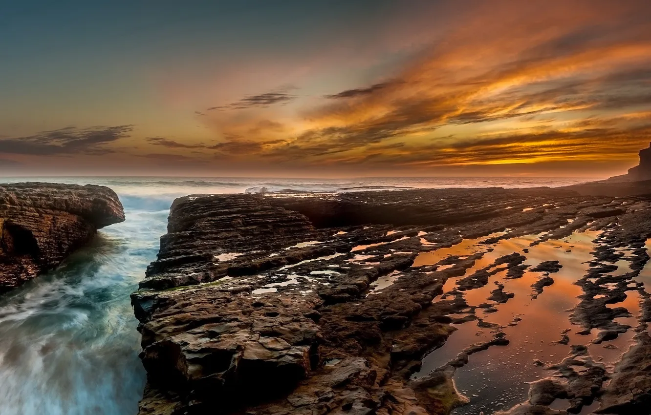 Photo wallpaper sea, sunset, stones, shore, Bay