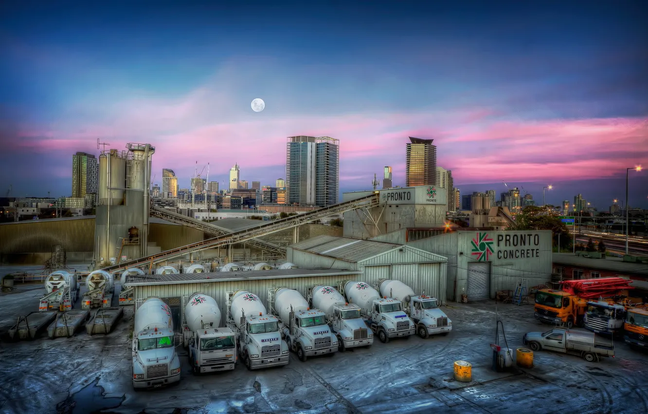 Photo wallpaper machine, sunset, the city, plant