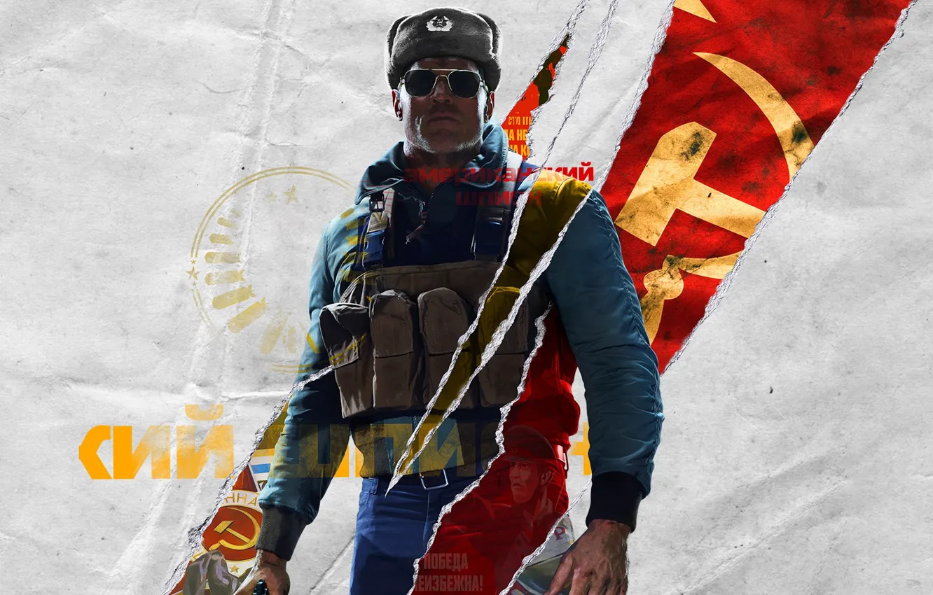 Photo wallpaper look, the inscription, hat, glasses, jacket, soldiers, Call of Duty, USSR