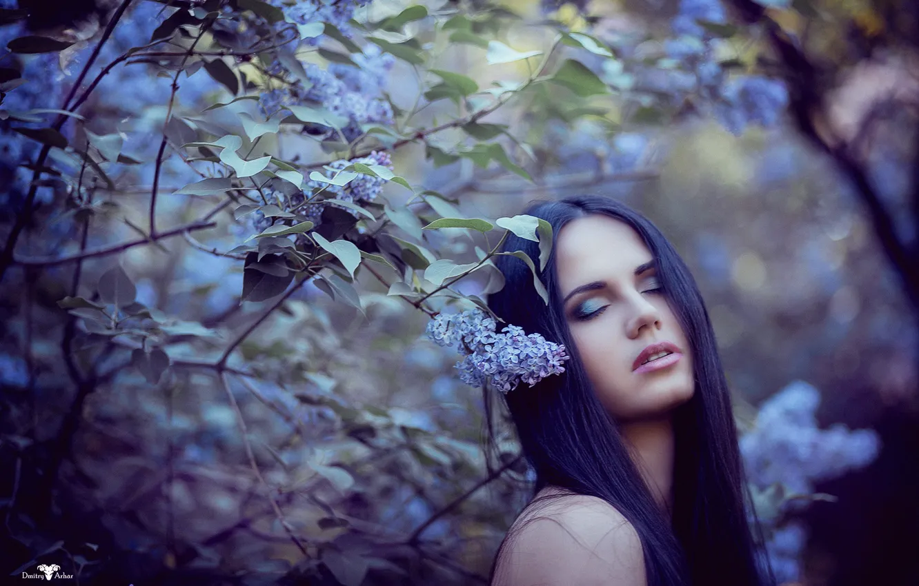 Photo wallpaper leaves, girl, pose, hair, dress, shoulders, Dasha, Dmitry Arhar