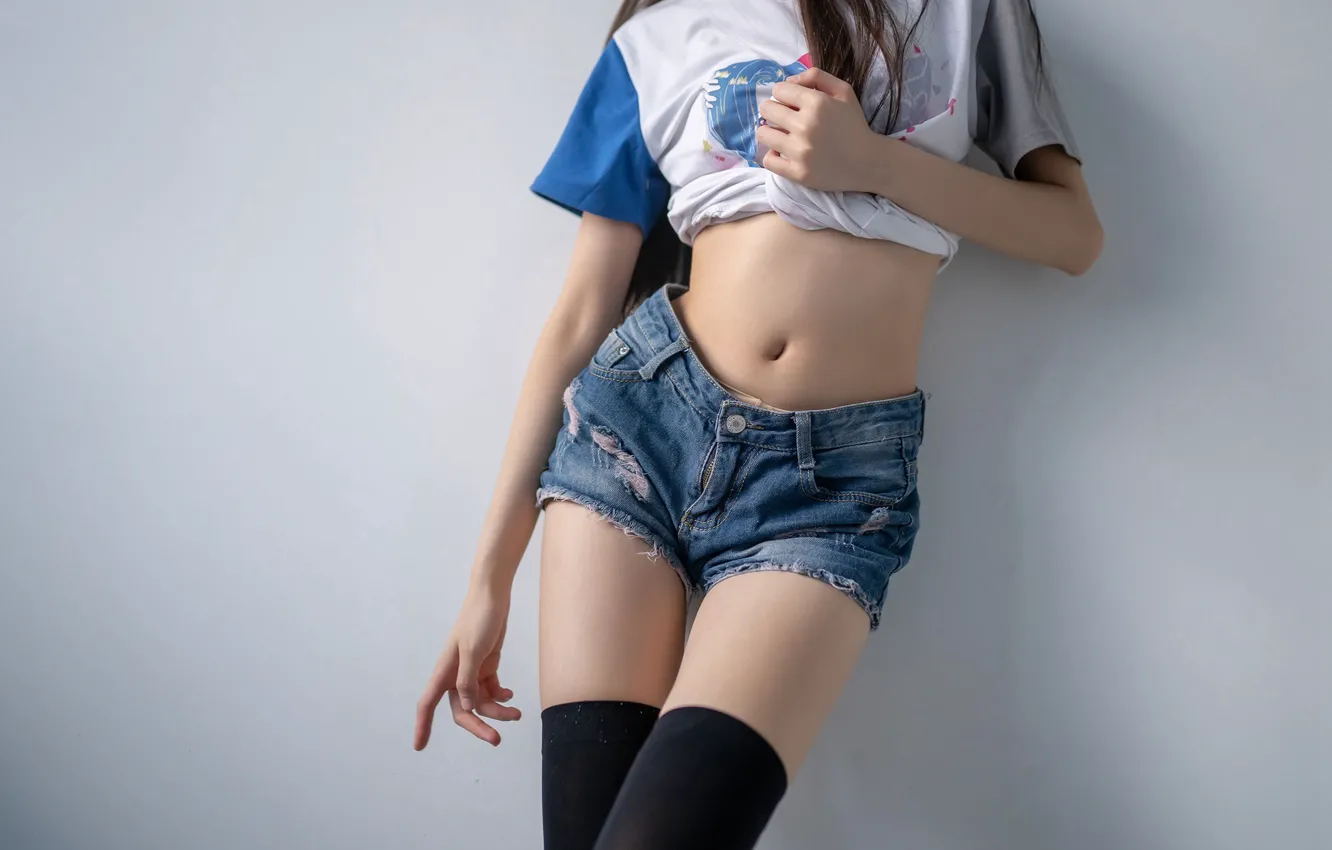 Photo wallpaper wall, shorts, woman, jeans, Denim, socks, faceless, Tee