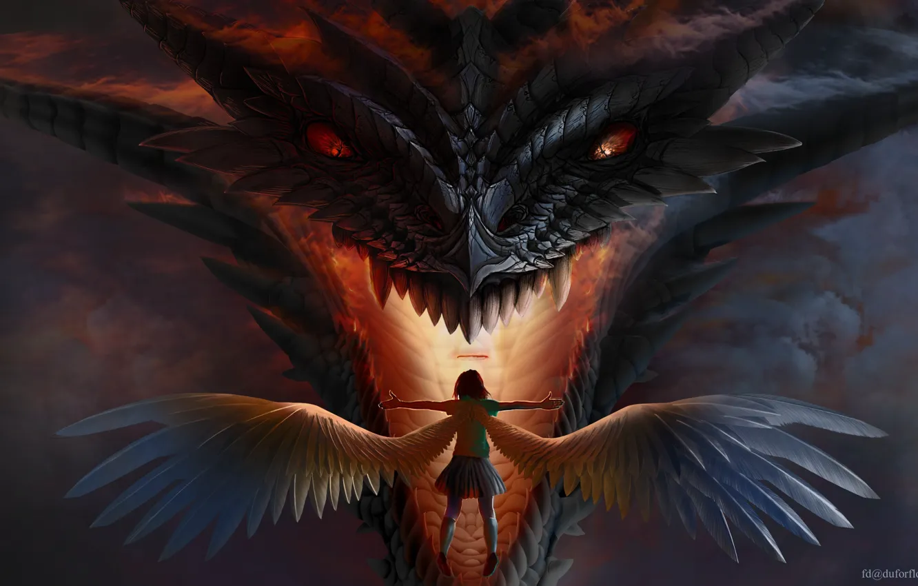 Photo wallpaper dragon, angel, girl