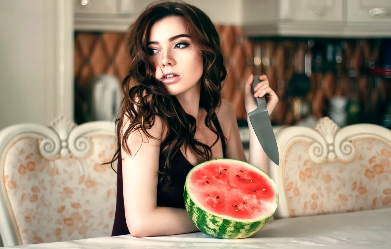 Photo wallpaper girl, watermelon, knife, Anastasia Lis