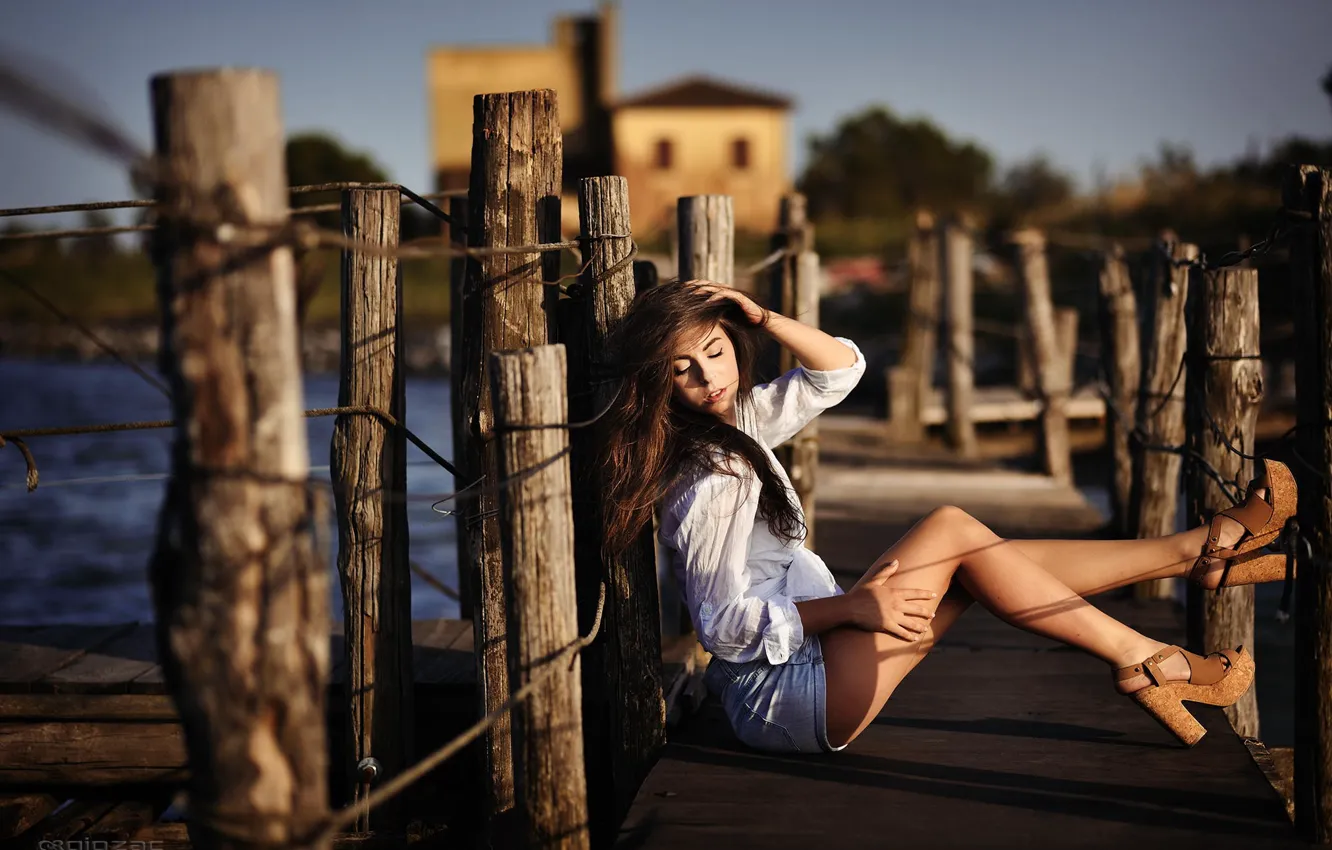 Photo wallpaper girl, light, pose, focus, blouse, heels, shorts, legs