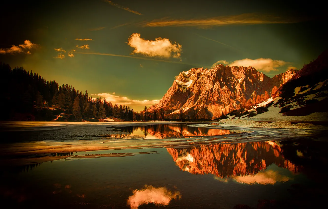 Photo wallpaper forest, water, snow, mountains