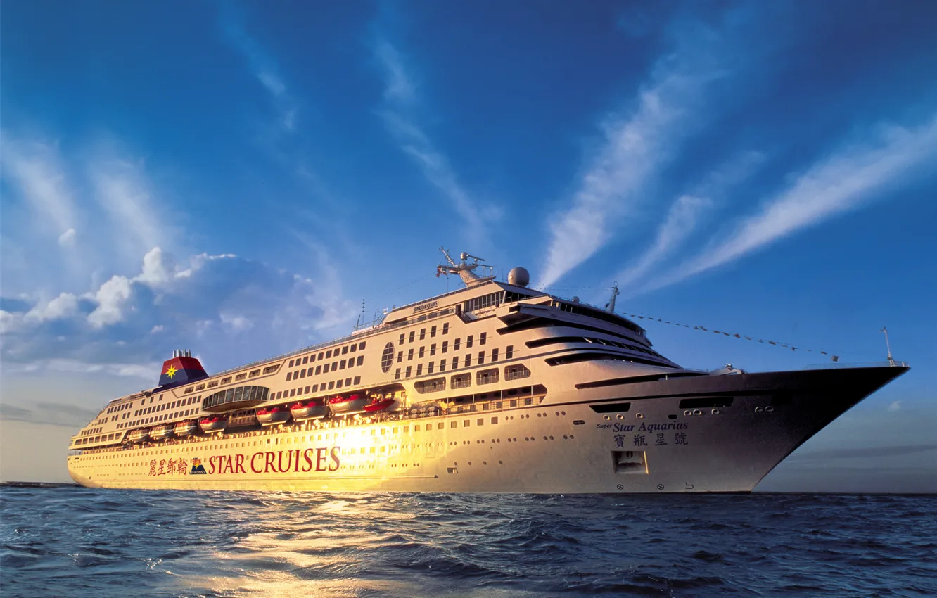 Photo wallpaper sunset, photo, Sea, Ship, Dawn, Cruise liner