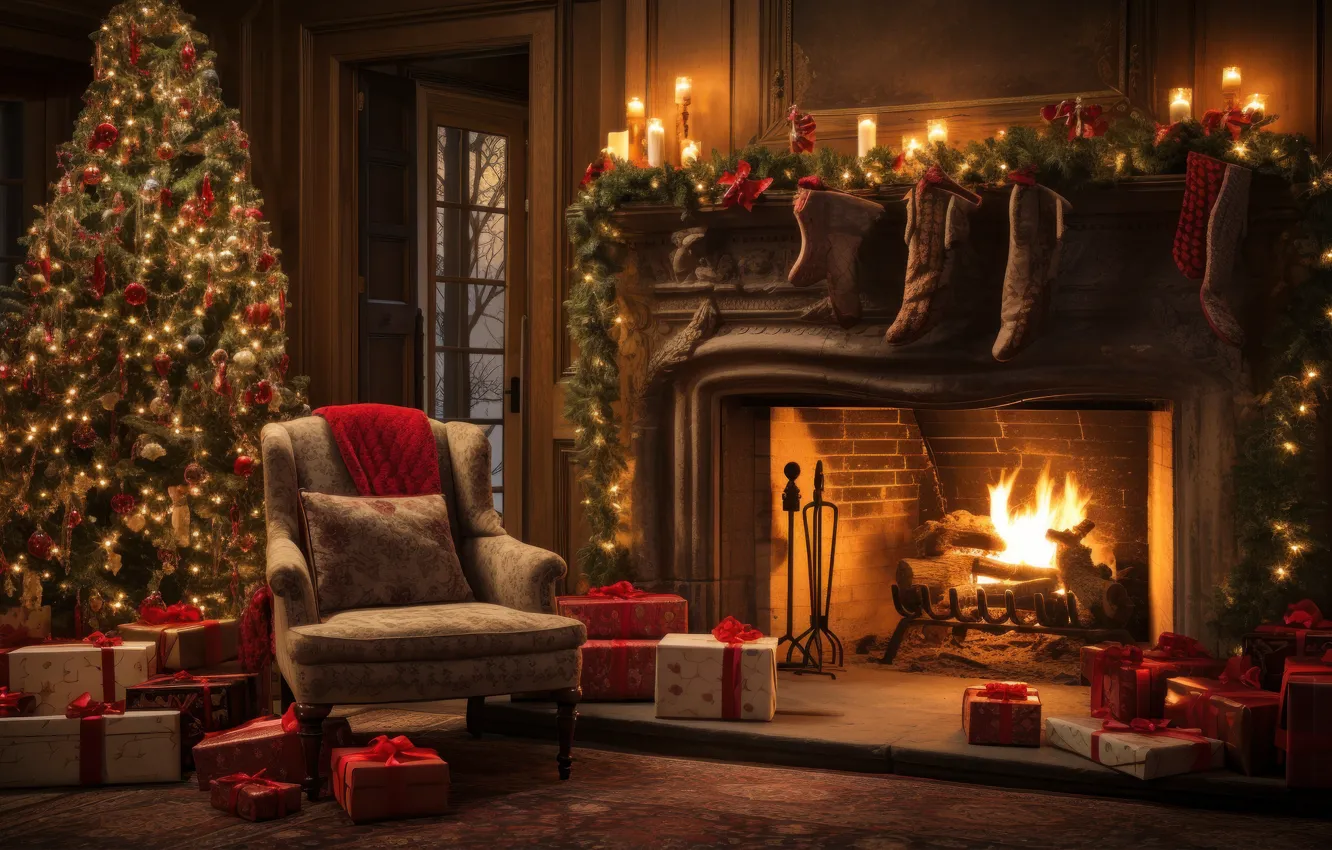 Photo wallpaper lights, comfort, heat, room, flame, furniture, new year, home