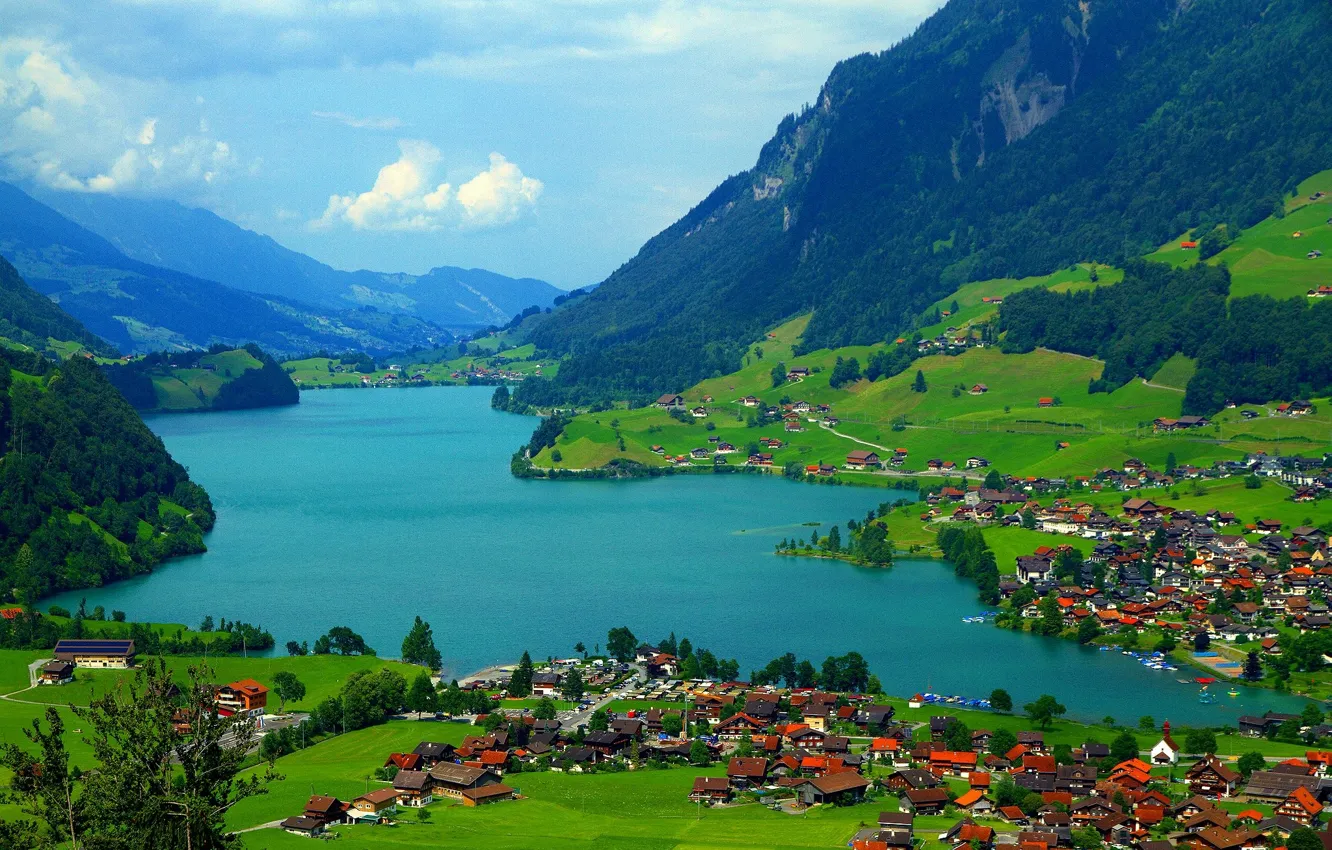 Photo wallpaper mountains, lake, house, settlement