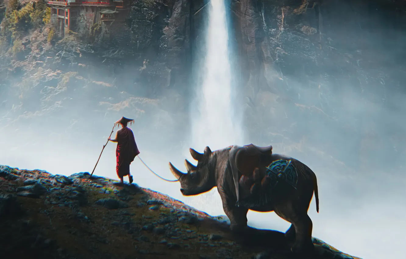 Photo wallpaper waterfall, painting, rhinoceros, shield, warrior, monk