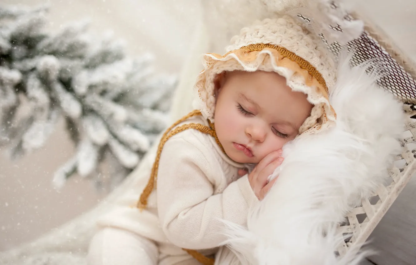Photo wallpaper snow, branches, children, sleep, fur, baby