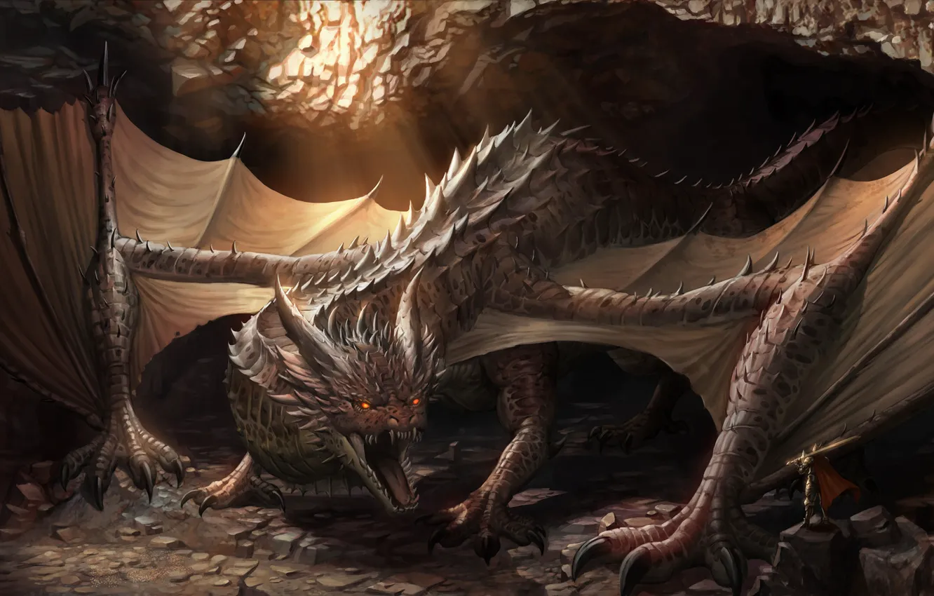 Photo wallpaper dragon, cave, knight