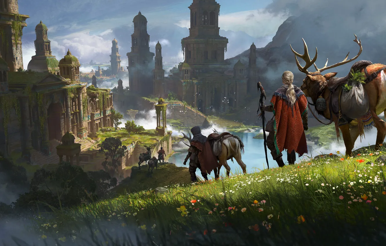 Photo wallpaper fantasy, water, ruins, buildings, artwork, deer, path, Travelers