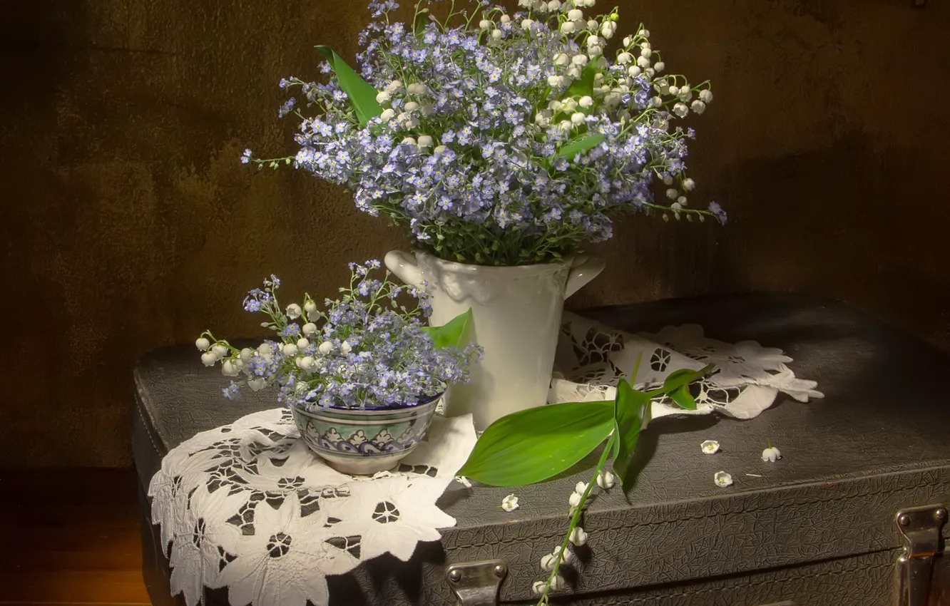 Photo wallpaper flowers, bouquet, spring, vase, suitcase, still life, lilies of the valley, napkin