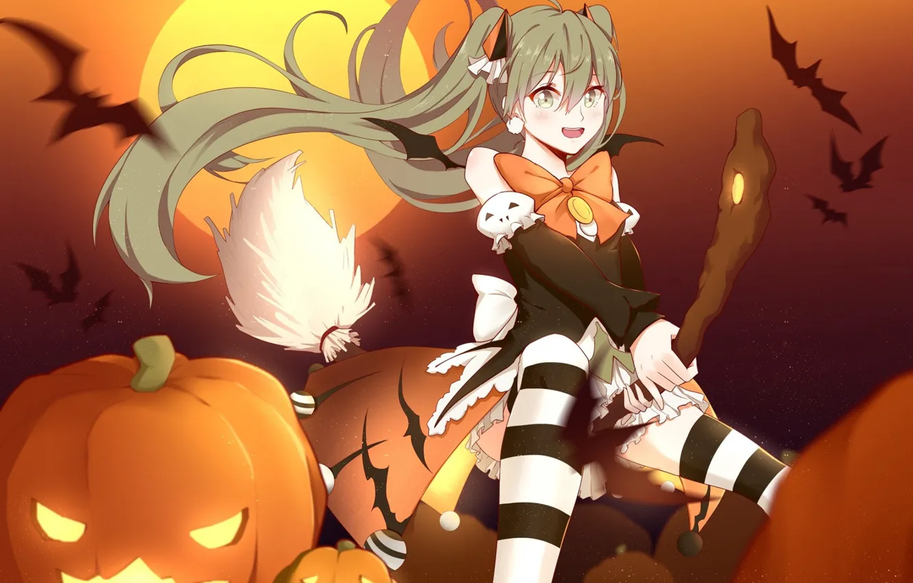 Photo wallpaper girl, pumpkin, Halloween, broom, vocaloid, hatsune miku, Vocaloid, Hatsune Miku