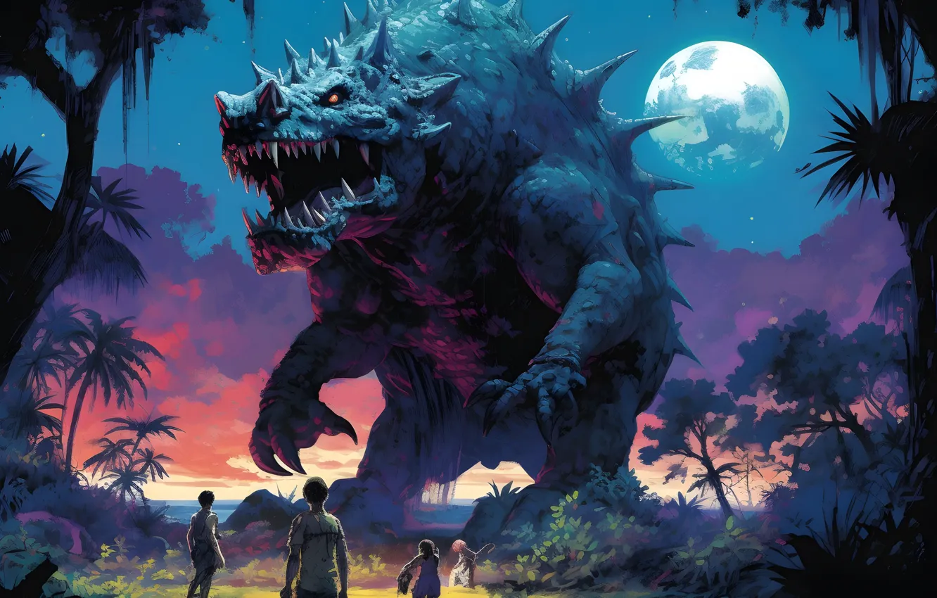 Photo wallpaper The moon, Monster, People, Teeth, Mouth, Predator, Dinosaur, Animal
