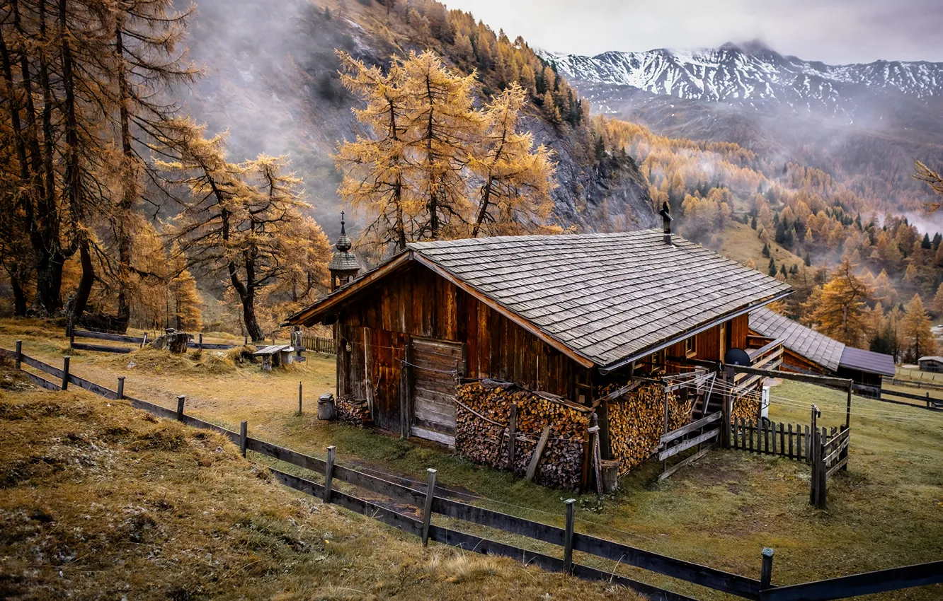 Photo wallpaper autumn, mountains, home, Austria, Alps, wooden