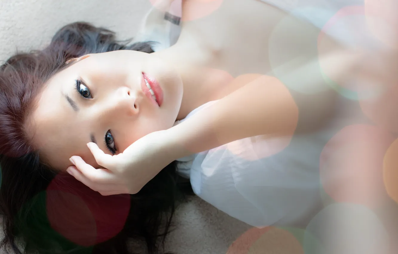 Photo wallpaper white, eyes, hands, girl, Asian, young, eyes, beauty