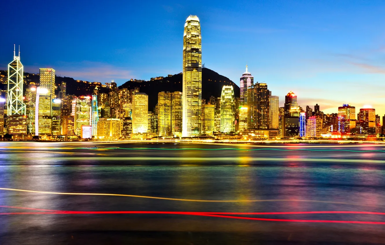 Photo wallpaper night, the city, lights, Hong Kong, skyscrapers, backlight, China, Asia