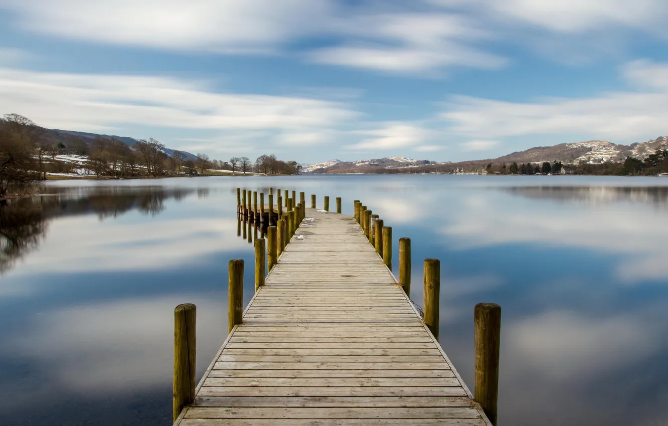 Photo wallpaper landscape, bridge, lake