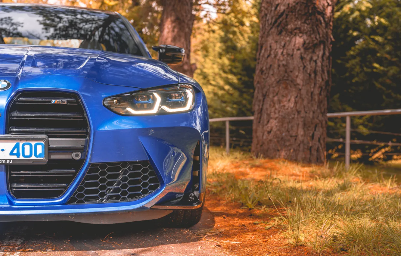 Photo wallpaper BMW, light, Front, nature, autumn, bmw m3, face, 2022