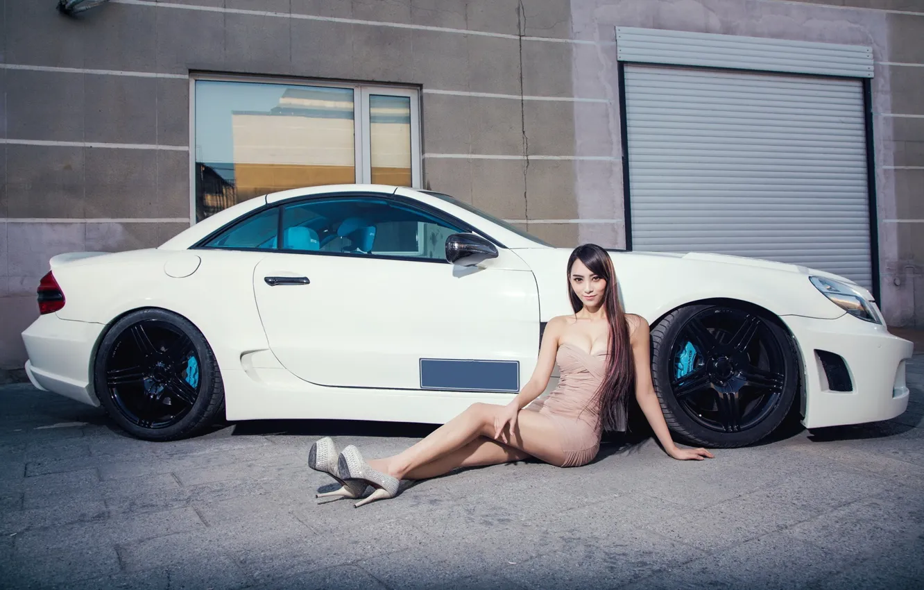 Photo wallpaper look, Girls, Mercedes, Asian, beautiful girl, white car, sitting on the machine