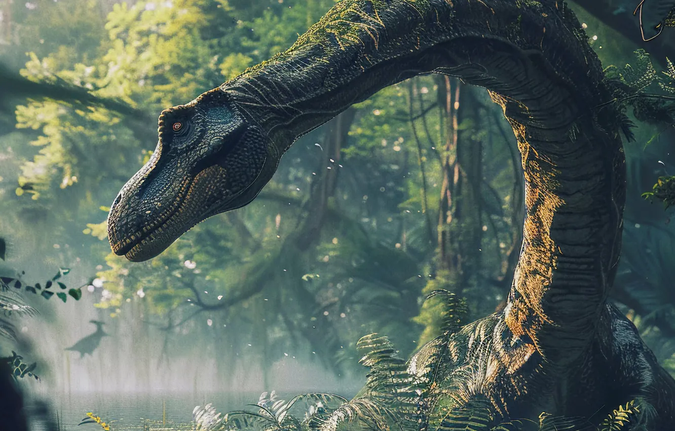 Photo wallpaper Water, Lake, Trees, Face, Dinosaur, Neck, Animal, Digital art
