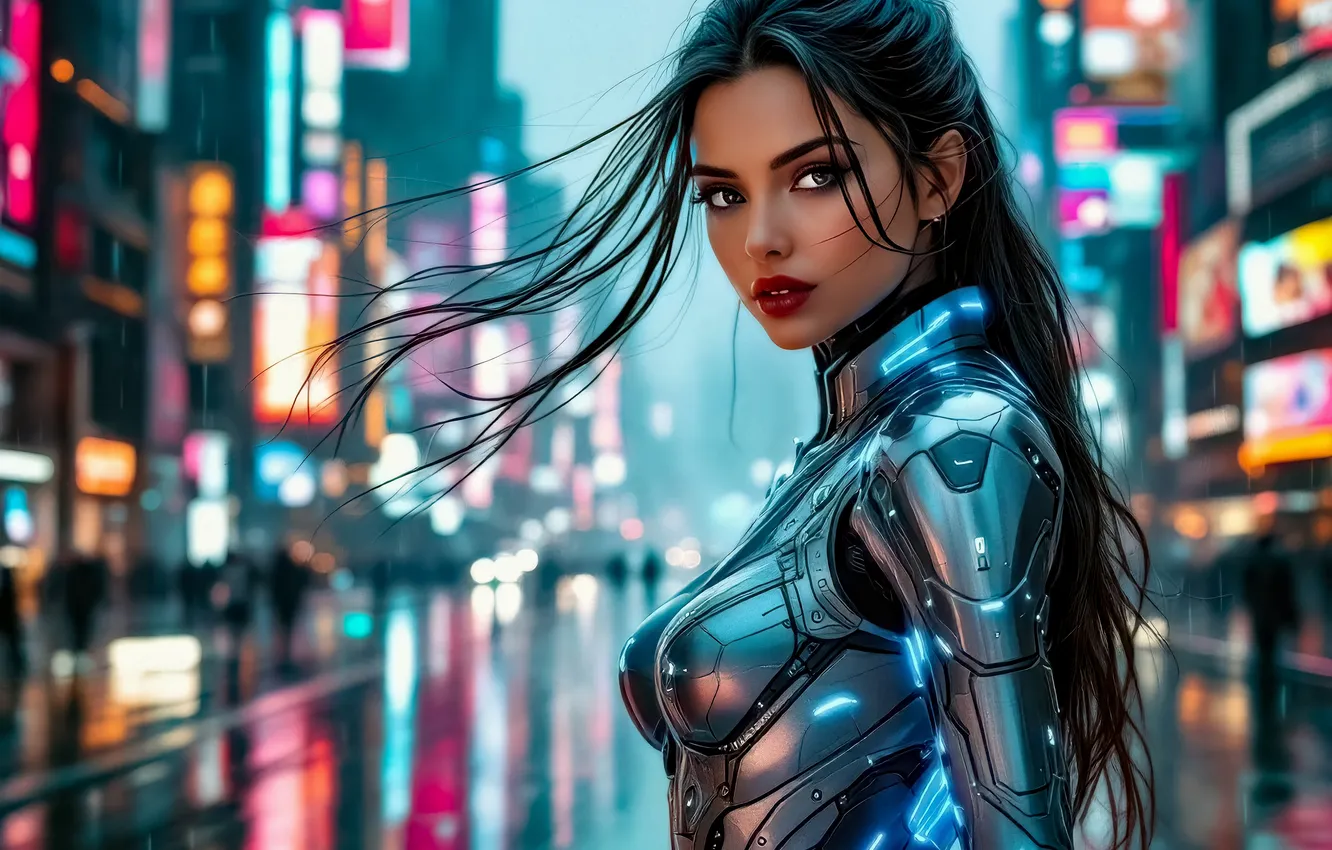 Photo wallpaper road, look, girl, the city, lights, fiction, robot, brunette