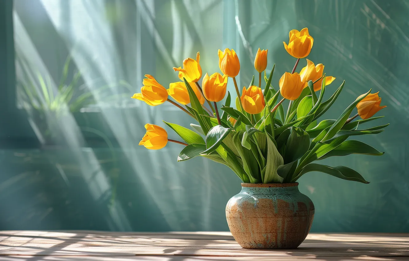 Photo wallpaper light, flowers, bouquet, spring, yellow, tulips, shadows, pot