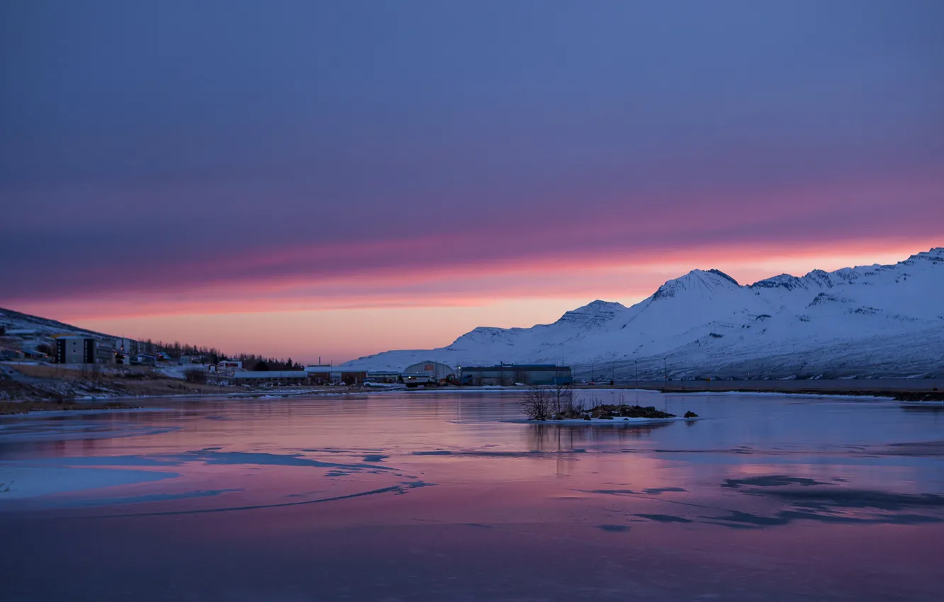 Photo wallpaper ice, the sky, snow, sunset, mountains, lake, shore, the evening