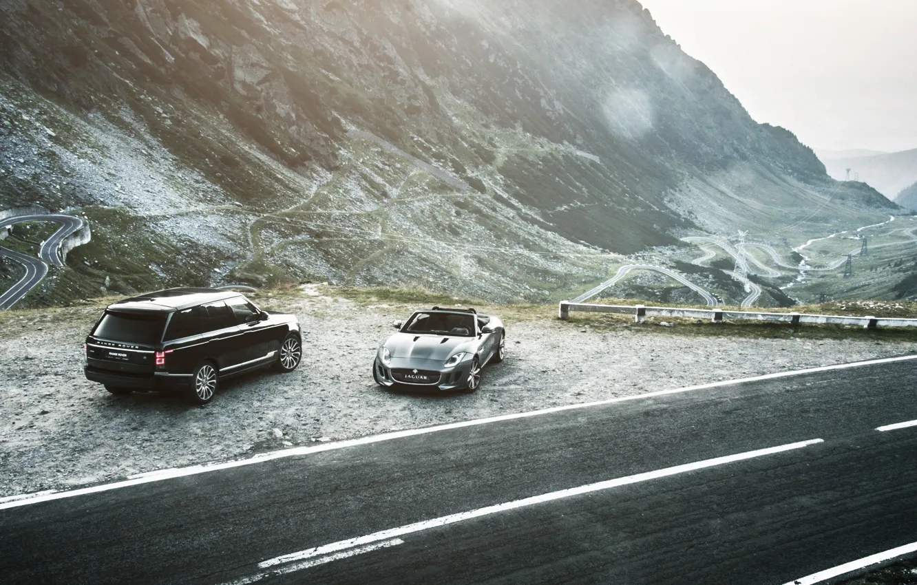 Photo wallpaper car, mountains, range rover, jaguar f-type