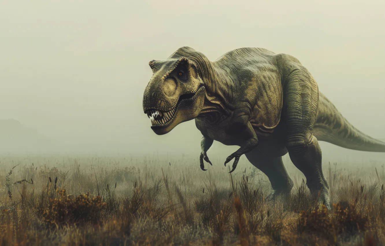 Photo wallpaper Fog, Grass, Predator, Dinosaur, Animal, Digital art, Tyrannosaurus, Tyrannosaurus Rex
