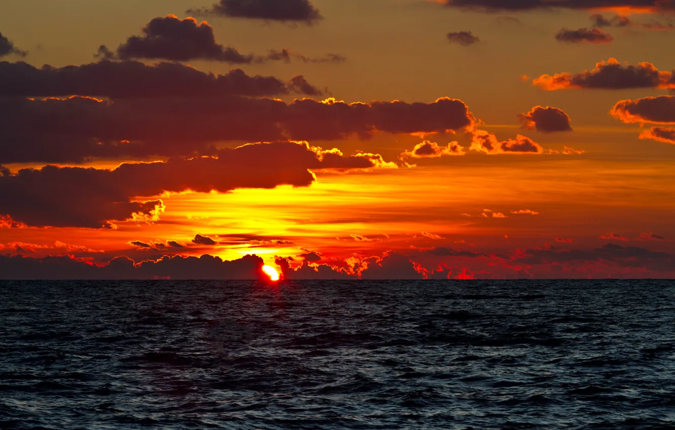 Photo wallpaper sea, clouds, sunset, horizon, fire in the sky